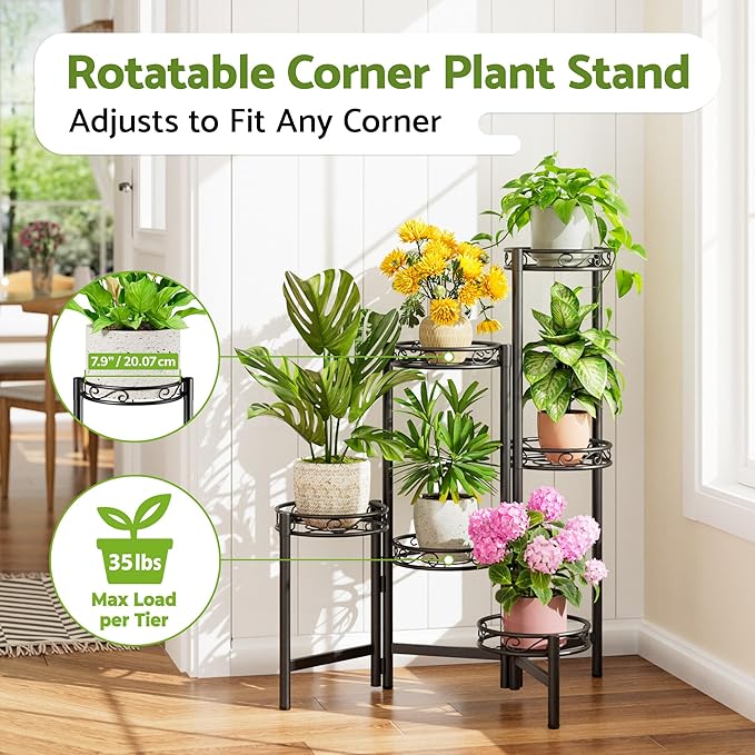 Plant Stand Indoor Outdoor, 6 Tier Metal Flower Shelf for Multiple Plants Corner Tall Floding Flower Holders for Patio Garden Living Room Balcony Bedroom - BlackCircle