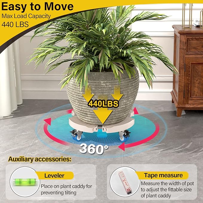 Goovilla Plant Stand with Wheels Heavy Duty, 1Pack Adjustable 15-22 Plant Caddy with Lockable Caster Wheels 440LBS, Rolling Plant Stand/Dolly/Roller for Indoor Outdoor Large Planter, Flower Pot,Beige