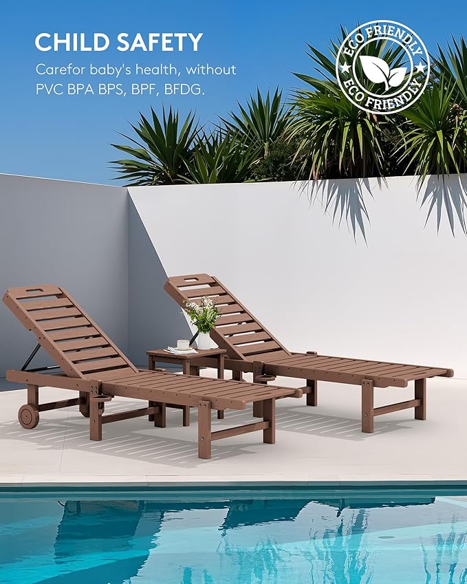 SERWALL Patio Chaise Lounge Set of 4, HDPE Outdoor Lounge Chair with Cup Holder, 5 Positions Adjustable Poly Lounger with Rolling Wheels for Poolside, Deck, Sunbathing, Brown