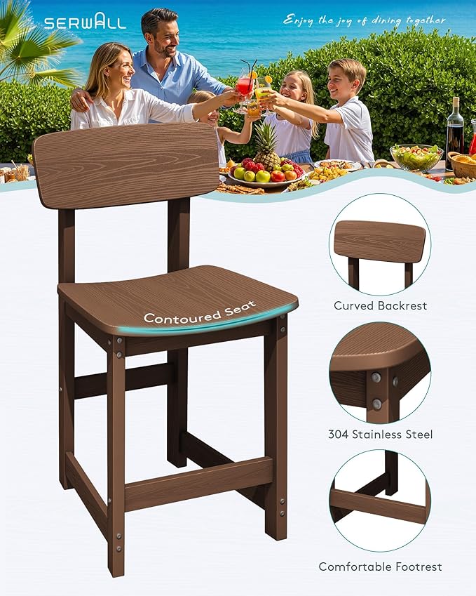 SERWALL Outdoor Bar Stools Set of 2, All Weather HDPE 25" Counter Height Bar Stools with Back, Outdoor Armless Barstools for Patio, Garden, Backyard, Balcony, Poolside, Brown