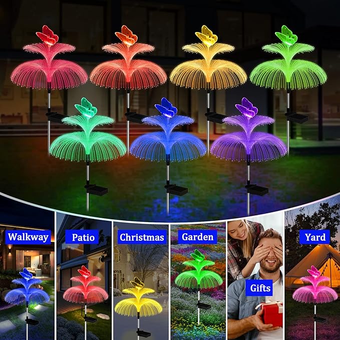 Solar Garden Lights Waterproof 3 Pack Solar Lights Outdoor Decorative 7 Color Changing Double Jellyfish and Butterfly Flower Garden Decor Yard Christmas Pool Outdoor, Gifts for Mother's Women