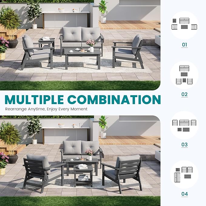 6-Piece HDPE Patio Furniture Set, Outdoor Sectional Sofa Set,All Weather Outdoor Couch with Dust-Free Cushions, Durable Patio Conversation Sets for Balcony, Porch, Gray