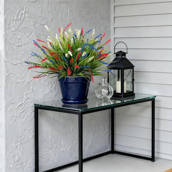 Artificial Faux Plants for Outdoor Spring Decoration, 12 Pcs Fake Monkey Grass for Garden Porch Balcony Planters, Fake Flowers Shrubs UV Resistant No Fade Plants Greenery Bush (Red Blue White)