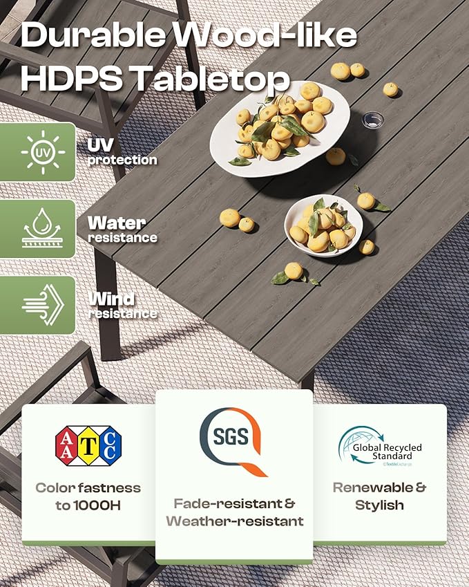 Outdoor Dining Set for 4, Aluminum Patio Table and Chairs Set with Umbrella Hole, 5 Piece HDPS Outdoor Furniture Set for Patio, Garden (Charcoal)