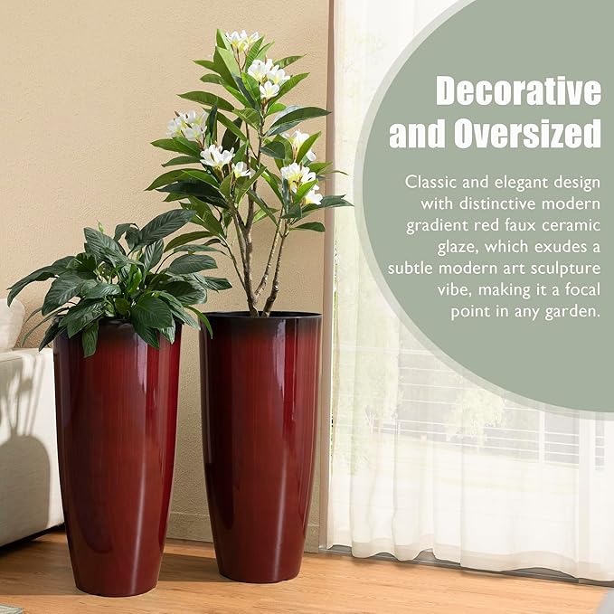 Glitzhome 30" H Oversized Tall Planter, Set of 2 Large Outdoor Planters with Drainage Holes, Gradient Red Faux Ceramic Finish, Large Flower Pots Plastic Plant Pots for Indoor Outdoor Front Door Patio