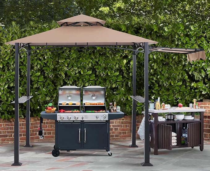 ABCCANOPY Grill Gazebo with Extra Awning - 11x5 Outdoor BBQ Canopy Shelter with 2 Led Lights for Patio Backyard Grilling (Khaki)