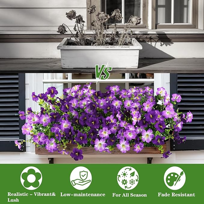 INQCMY Artificial Flowers for Outdoors Fake Plants Spring Decoration, 12 Bundles Faux Petunias UV Resistant Realistic Silk Flower for Outside Planters Patio Porch Yard Window Box (Double Purple)