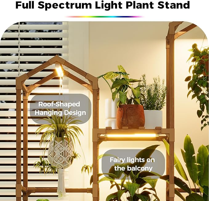 Bamworld Plant Stand with Grow Light Corner Plant Shelf Indoor with Lights Tall Plant Holder for Living Room Warm Light Plant Container Accessories for Mutiple Pots Patio Boho Home Decor for Gardening