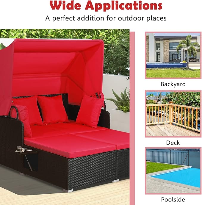Tangkula Patio Rattan Daybed with Retractable Canopy, Outdoor Wicker Sunbed Lounger with 2 Foldable Side Tables, Thick Seat & Back Cushions, Outside Double Daybed for Garden, Backyard, Porch, Red