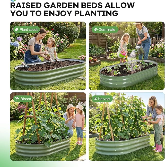 Galvanized Raised Garden Bed Outdoor, 6x3x1ft Oval Metal Raised Beds for Gardening, Rust-Resistant Garden Planter Box for Planting Vegetables, Flowers, Fruits in Lawn(Olive Green, 2 Packs)
