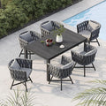 Grand patio 7-Piece Outdoor Dining Set for 6, Patio Dining Furniture Set for 6 Swivel Rope Wicker Chairs & 1 Straight Legs Rectangular Dining Faux Woodgrain Table with Umbrella Hole, Dark Gray