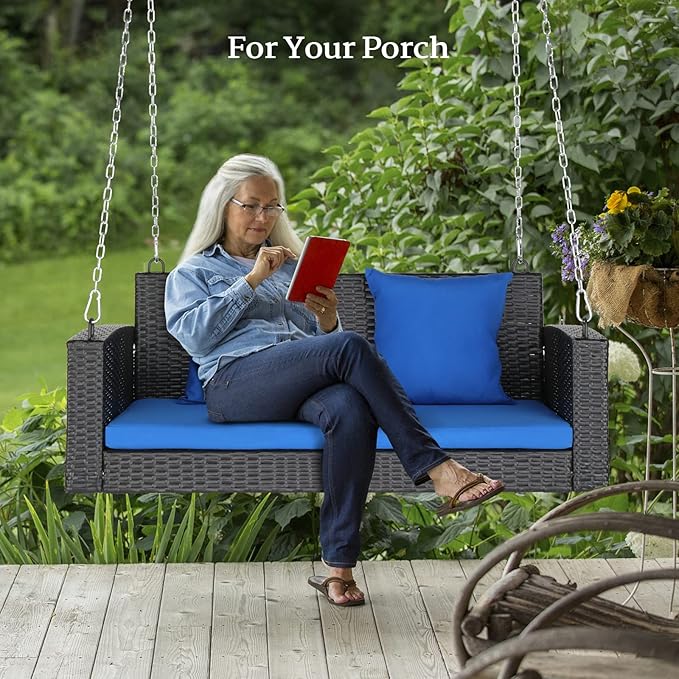VINGLI Heavy Duty 800 LBS Wicker Hanging Porch Swing with Cushions & Chains, 4FT Outdoor Rattan Swing Bench for Garden, Yard, Lawn (Black+Blue)
