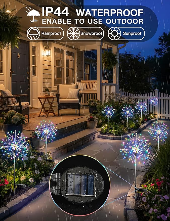 suddus Solar Garden Lights Outdoor Waterproof Decorative, 4Pack 150LED Firework Lights 8 Modes, Multicolor Solar Fairy Light for Yard, Patio, Pathway, Flowerbed Party Wedding Decor