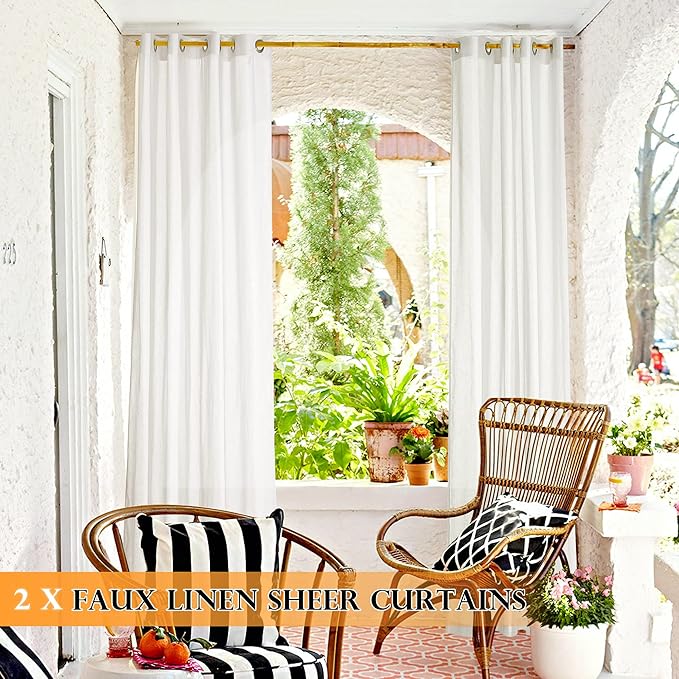 RYB HOME Sheer Curtains for Patio Outdoor, Linen Textured White Panel Grommet Top Waterproof Light Diffused Drapes for Porch Gazebo Deck, 2 Pieces with Tieback Ropes, W52 x L 96 inches