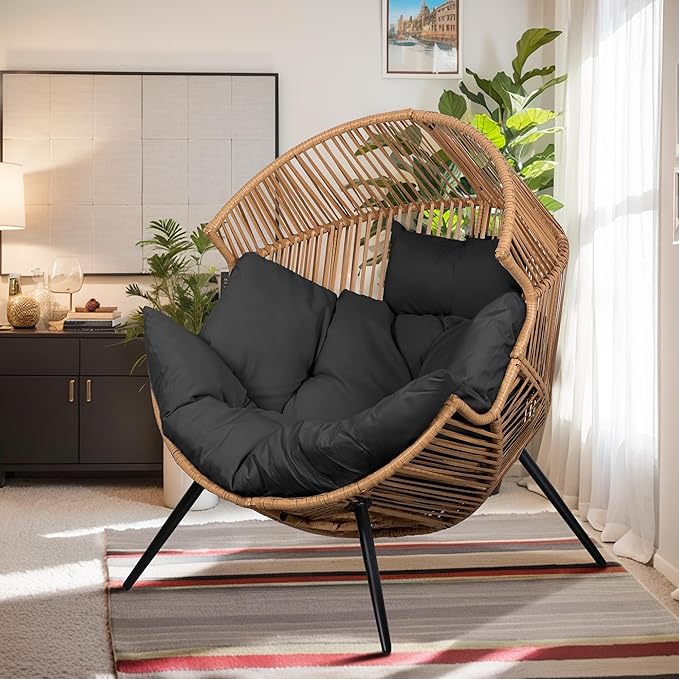 Vongrasig Outdoor Wicker Egg Chair PE Rattan Chair with Cushion, Oversized Patio Lounge Chair for Outdoor, Indoor, Balcony, Backyard, Garden, Black