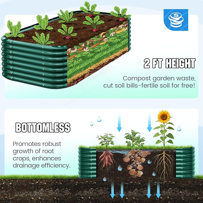 Quictent Galvanized Raised Garden Bed Kit, 8x4x2 ft Oval Metal Planter Box Tall for Vegetables Outdoor Backyard, Strengthened by Crossbar, Dark Green