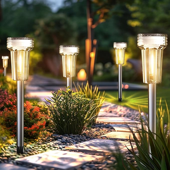Mancra Solar Lights Outdoor Waterproof, 8 Pack Stainless Steel Tungsten Bulb Solar Pathway Lights Waterproof Garden Decor for Path Yard Lawn Walkway Driveway