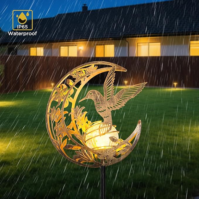 Solar Hummingbird Lights Outdoor Decor - Moon & Bird SolaGardenLights Waterproof, Auto On/Off Pathway Lighting for Yard/Lawn/Patio, Handcrafted Metal Solar-Stake-Lights for Outside Decorations