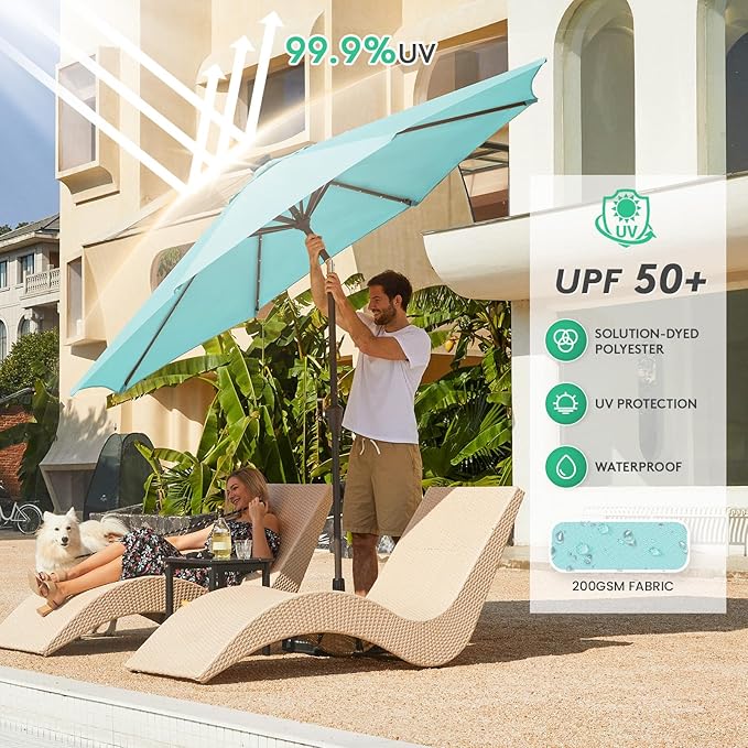 JEAREY 9FT Outdoor Patio Umbrella with Solar Lights, LED Lighted Pool Umbrella with Tilt and Crank, Outdoor Table Umbrellas for Deck, Yard & Market (Teal)