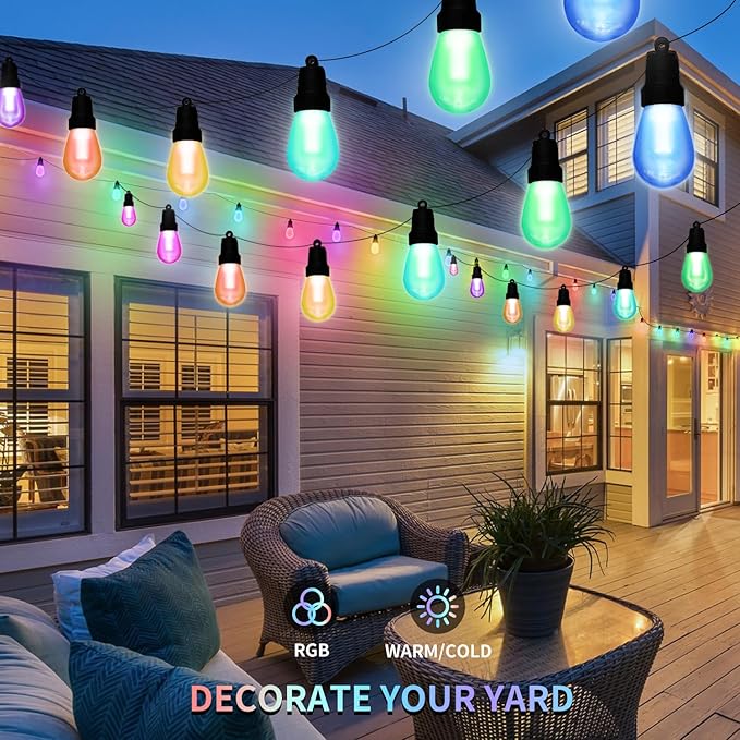 Outdoor String Lights 75FT, Outdoor Lights for Patio with 30 Dimmable RGBW LED Bulbs, IP66 Waterproof Shatterproof, with APP Control & Remote, 24V Adapter Color Change,for Backyard Decor
