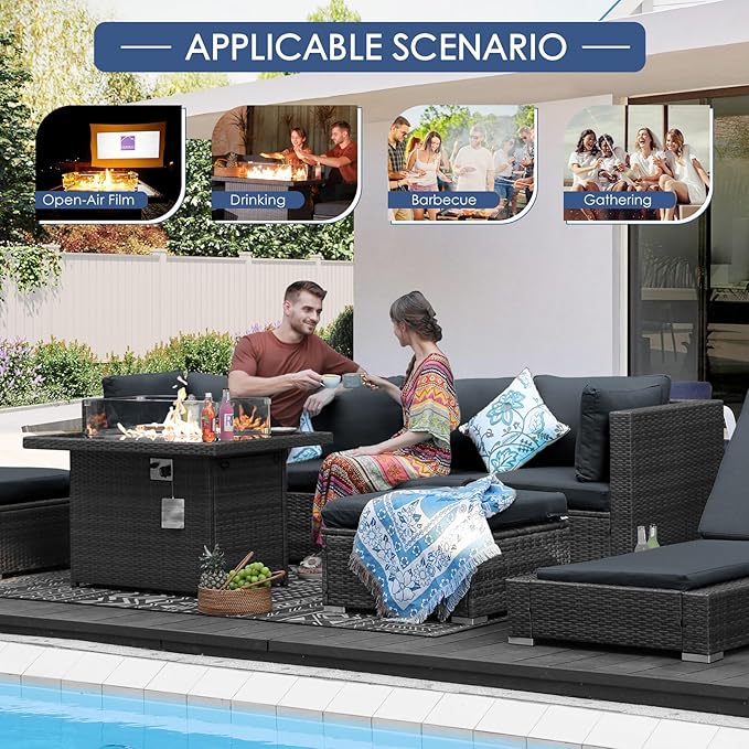 NICESOUL 7 Piece Modern Outdoor Conversation Sets, 29.3'' High Back Comfy Wicker Patio Modular Sectional with Side Tables, Extra Large and Deep Size L-Shaped Couch Furniture for Backyard Porch, Grey