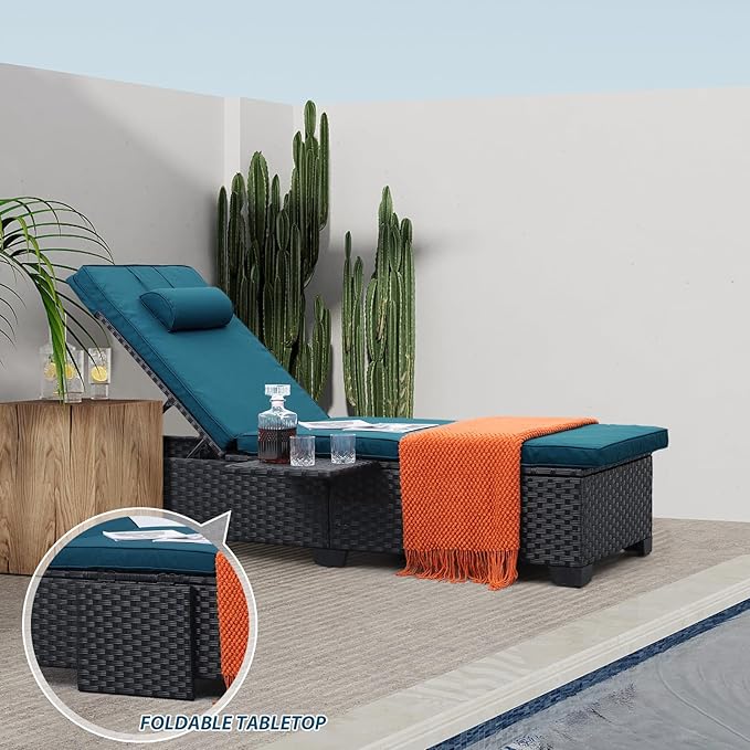 WAROOM Outdoor Chaise Lounge Chairs for Outside Patio Furniture Set of 2 Wicker Recliner Black Rattan Sunbathing Lounger Adjustable Backrest Pool Reclining Chair, Peacock Blue Cushion