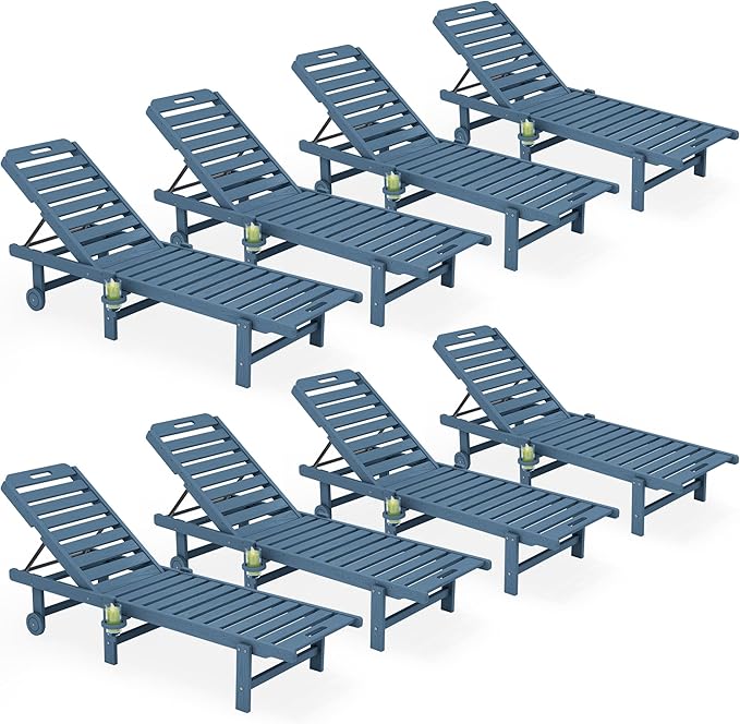 SERWALL Outdoor Chaise Lounge Set of 8, HDPE Pool Lounge Chairs with 5-Position Adjustable Backrest, Patio Loungers with Rolling Wheels & Cup Holder for Pool Sunbathing, Navy