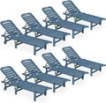 SERWALL Outdoor Chaise Lounge Set of 8, HDPE Pool Lounge Chairs with 5-Position Adjustable Backrest, Patio Loungers with Rolling Wheels & Cup Holder for Pool Sunbathing, Navy