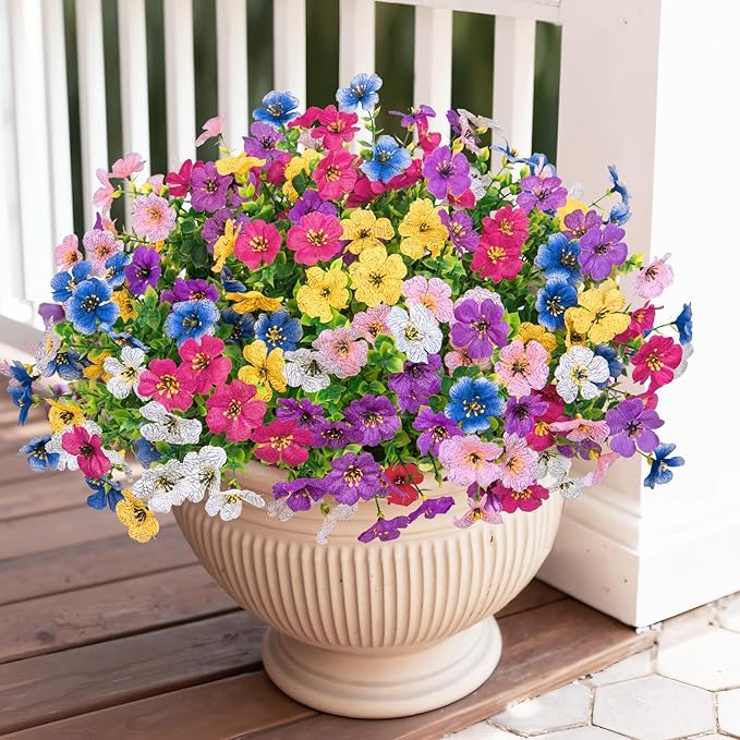 Bassion Artificial Flowers for Outdoors, 24 Bundles UV Resistant Fake Flowers Realistic Silk Faux Plants for Outdoor Planter Window Box Porch Patio Garden Home Outside Decorations