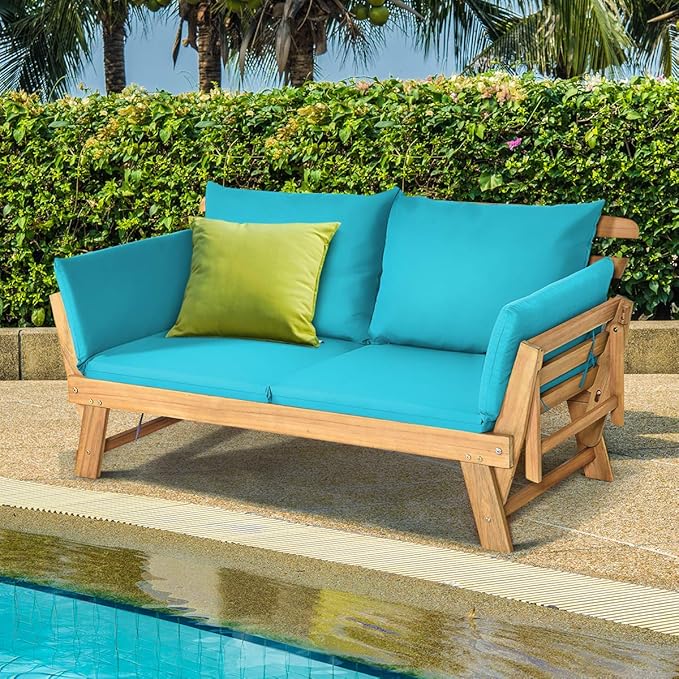 Tangkula Convertible Acacia Wood Patio Couch Sofa Bed with Adjustable Armrest, Outdoor Daybed with Cushion & Pillows, Outside Folding Futon Sofa Couch Bench for Porch, Courtyard, Poolside & Garden