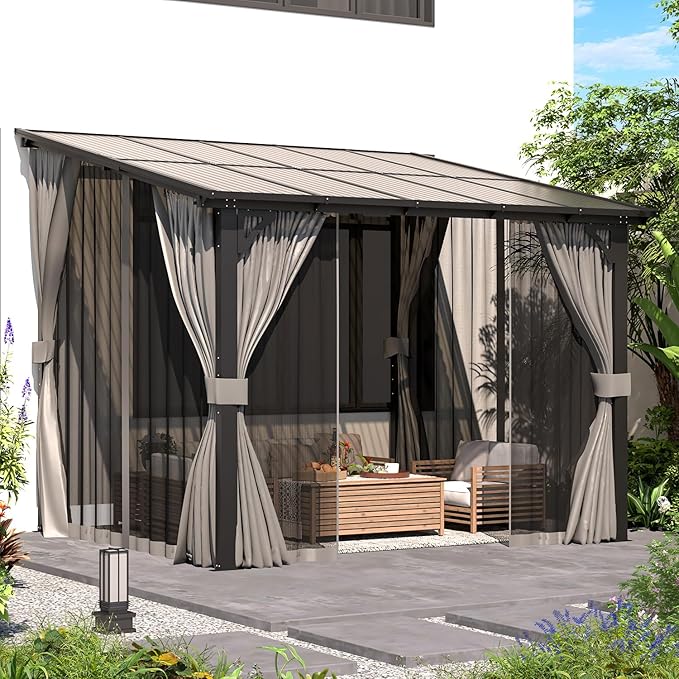 AECOJOY 10' X 8' Gazebo for Patio, Small Wall-Mounted Lean to Gazebo Pergola with Curtains and Netting, 8x10 Hard Top Pergolas and Gazebos on Clearance for Lawn Backyard Garden Deck