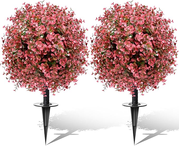 Artificial Topiary Bushes for Outdoors with Spike, Boxwood Ball Fake Shrubs UV Resistant Faux Plants for Indoor Outdoor Fall Thanksgiving Halloween Decor (Red Eucalyptus)