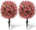 Artificial Topiary Bushes for Outdoors with Spike, Boxwood Ball Fake Shrubs UV Resistant Faux Plants for Indoor Outdoor Fall Thanksgiving Halloween Decor (Red Eucalyptus)