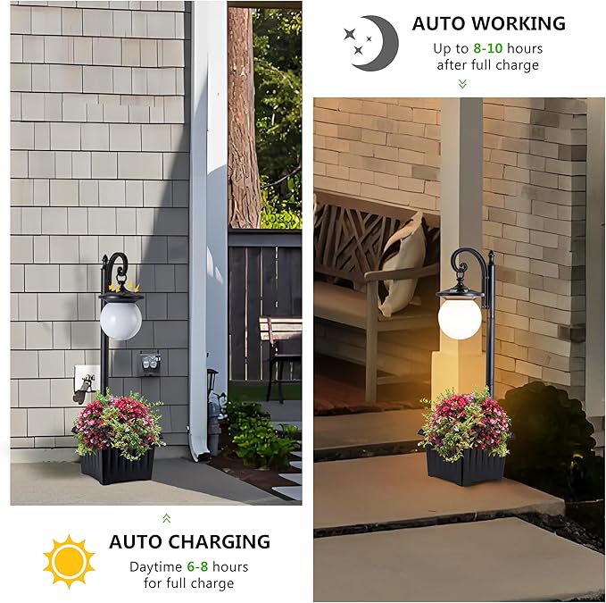 Outdoor Post Light with Planter, Matte Black Solar Lamp Post Light with Globe Shade, 2 in 1 Waterproof Solar Post Lights Outdoor Planter for Outside Gardan Pathway