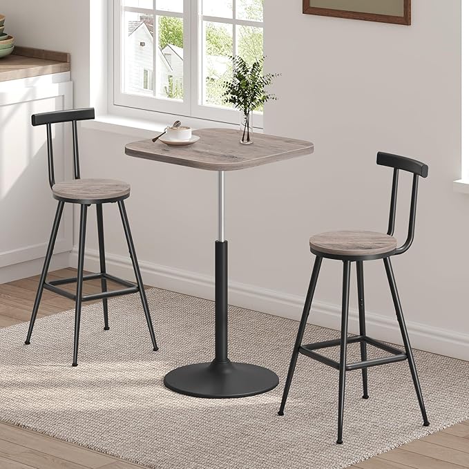 Bar Stools, Set of 2 Bar Chairs with Backrest and Footrest, 26" Tall Counter Stools, Metal Frame, Adjustable Feet, Easy Assembly, for Kitchen, Living Room, Pub, Greige BAHG6001