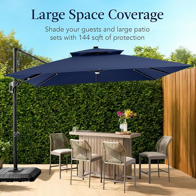 Best Choice Products 12x12ft LED Cantilever Patio Umbrella w/Base Included & 360° Rotation, Large Solar Offset Hanging Outdoor Sun Shade for Deck, Backyard Table w/Stand & Lights – Navy Blue