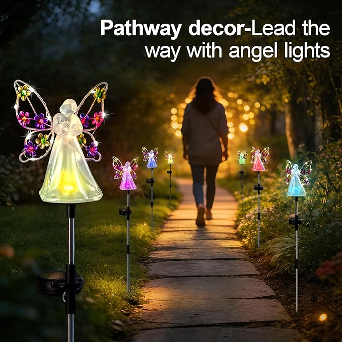 Angel Solar Lights for Cemetery Memorial Gift Grave Decorations Solar Angel Stake Lights Outdoor Waterproof Garden Decor Yard Lawn Ornaments, Angel Gifts for Women 2 Pack