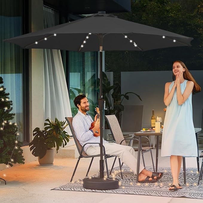 JEAREY 9FT Outdoor Patio Umbrella with Solar Lights, LED Lighted Pool Umbrella with Tilt and Crank, Outdoor Table Umbrellas for Deck, Yard & Market (Jet Black)