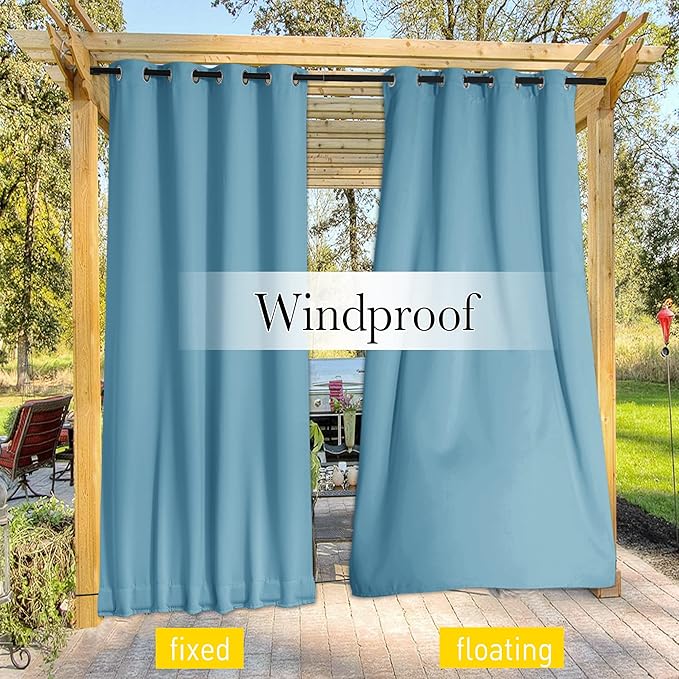 NICETOWN 2 Panels Gazebo Curtains Outdoor Waterproof & Windproof, Top and Bottom Grommet with Back Tab Wind-Break Outdoor Dividers Blackout Blinds with Fixed Rope for Patio, W52 x L84, Light Blue