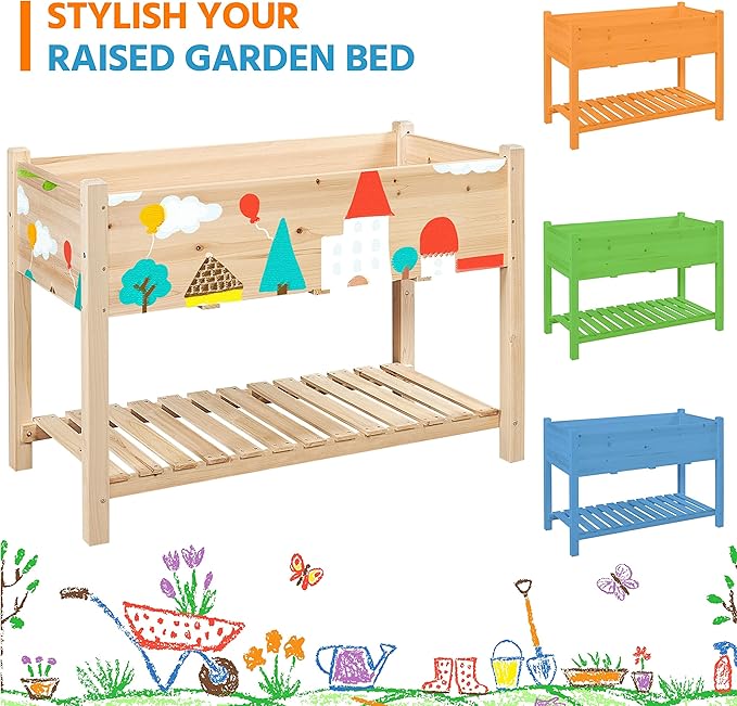 Yaheetech 47x23x32in Wooden Raised Garden Bed with Legs & Storage Shelf Horticulture Wooden Elevated Planter Box Vegetable Growing Bed for Flower/Herb/Backyard/Patio, 2pcs