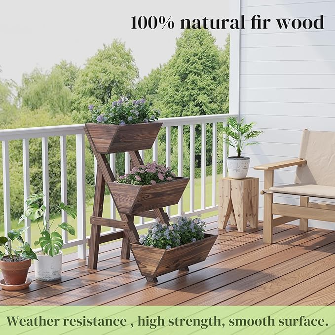 3-Tier Wooden Vertical Raised Garden Bed with Legs, Tiered Planter Box, Vertical Garden Planter,Wood Plant Stand Wood Flower Rack for Patio, Balcony, Freestanding. (Carbonized-Small)