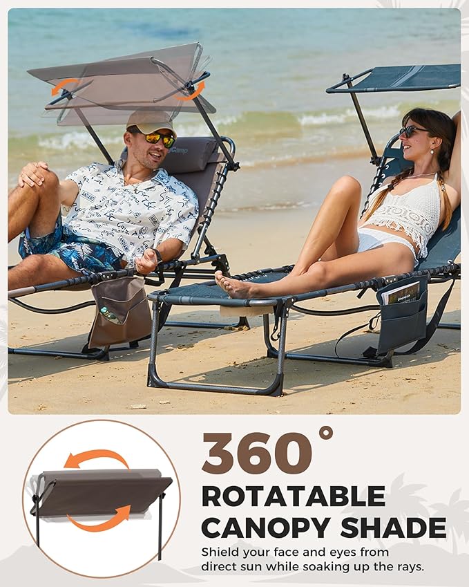 KingCamp Tanning Chair with Face Hole, Lounge Chairs Outdoor Folding Comfy Adjustable 5-Position Foldable Chaise Chaser with Canopy Shade for Outside Beach Patio Sun Bathing, Beige