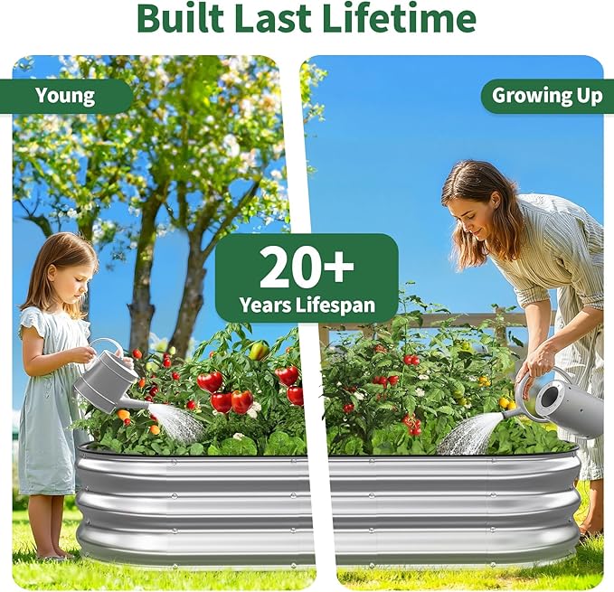 Kesfitt Raised Garden Bed, 4x2x1 FT Galvanized Steel Metal Raised Garden Bed, Oval Open-Bottom Design, 12-Inch Deep for Outdoor Vegetable & Herb Gardening, Silver