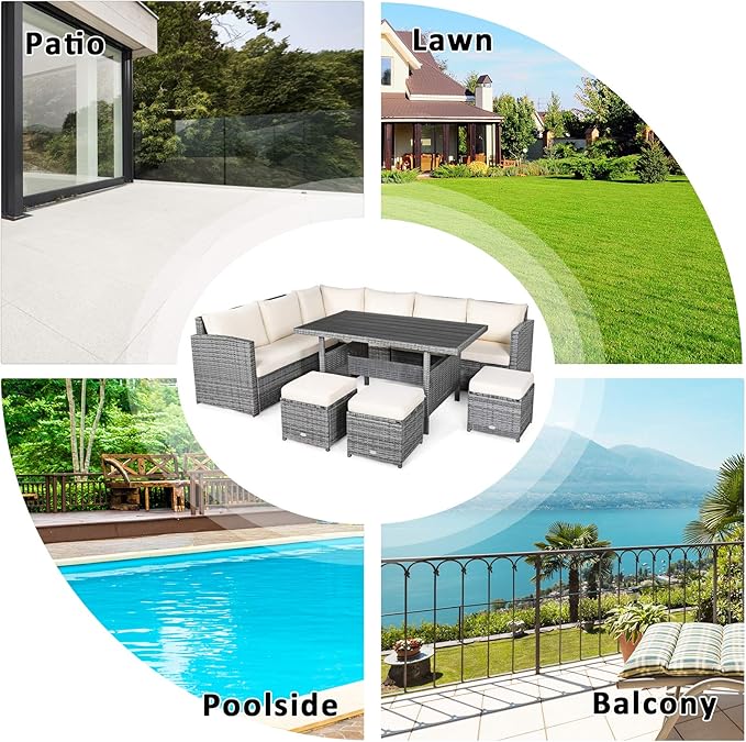 Tangkula 7 Pieces Patio Furniture Set, Outdoor Sectional Rattan Dining Sofa Set with Cushions, All Weather Wicker Conversation Couch Set with Dining Table & Ottomans for Yard Garden Poolside, White