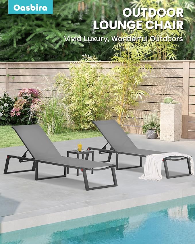 Aluminum Chaise Lounge Chair Outdoor Set of 2, Foldable & No Assembly Pool Lounge Chairs 5-Position Recliner for Outside Poolside, Fully Grounded Legs Sun Lounger for Patio, Beach, Dark Grey