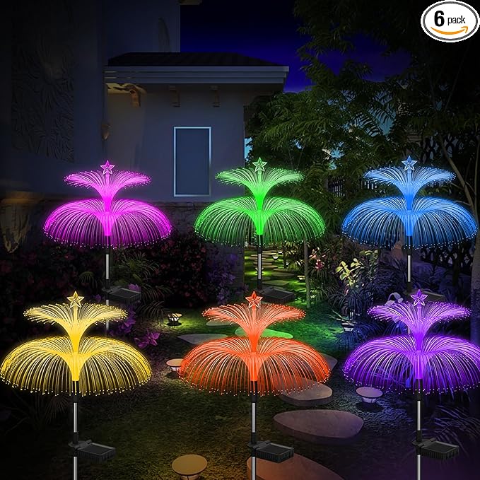 Solar Garden Lights 6 Pack New Upgraded Solar Lights Outdoor Waterproof 7 Color Changing Double Jellyfish and Star Flower Garden Decor Yard Lawn Christmas Decorations, Gifts for Women Mom