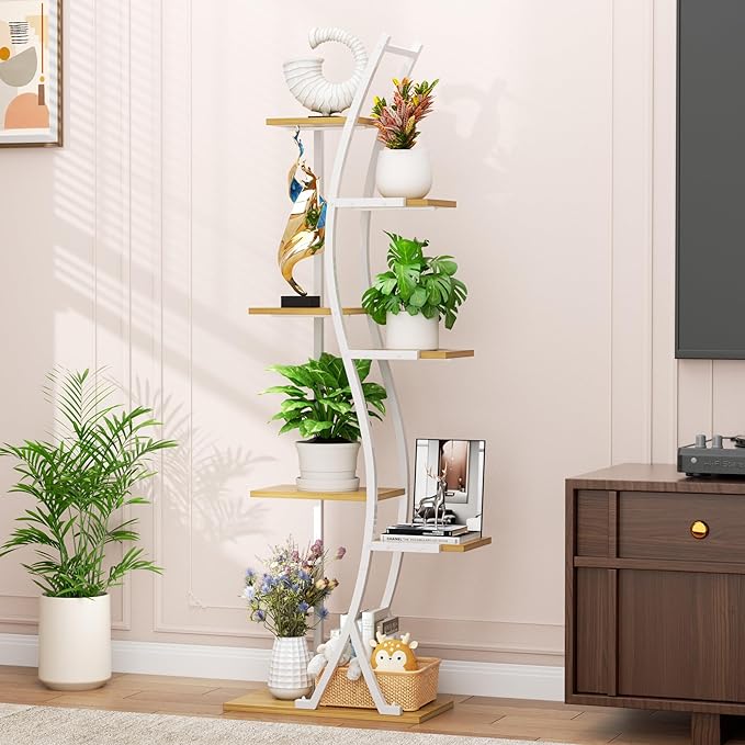 62" Plant Stand Indoor with Grow Lights - 7 Tiered Tall Metal Plant Shelf - Corner Wooden Plant Stand for Indoor Plants Multiple, Large S-Shape Flower Rack Holder for Living Room, Garden, Patio Decor