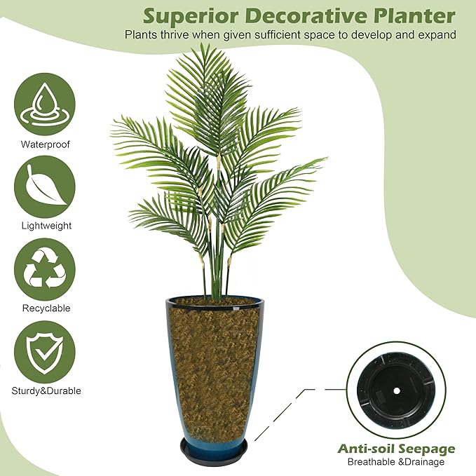 2 Packs 21 inch Tall Planter, Indoor Outdoor Round Planter for Porch, Large Plant Pot with Drainage Hole for Home Garden Front Door, Modern Decorative Pots for Plants (Blue)