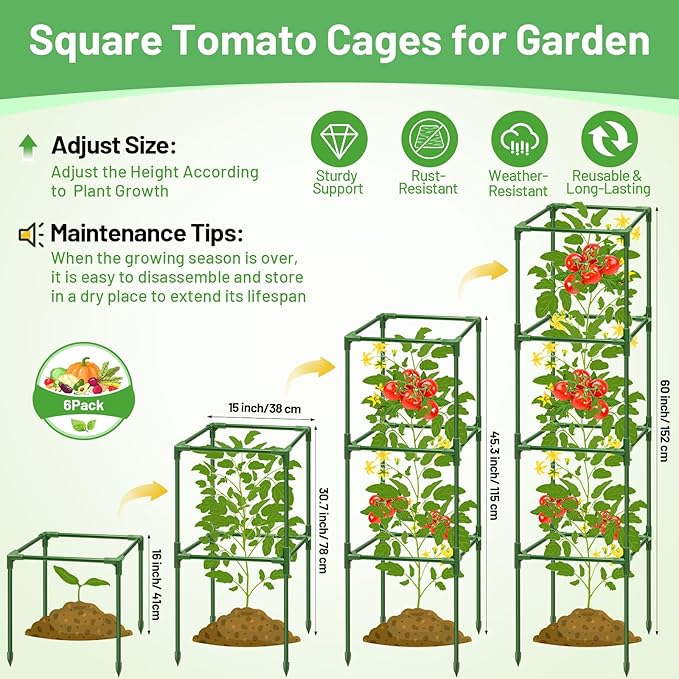 Legigo 6 Pack Square Tomato Cages for Garden- Up to 60 Inch Tomato Plant Support Stakes Cage, Heavy Duty Steel Tomato Trellis Garden Stakes for Raised Garden Bed Climbing Vegetables Cucumbers Flowers