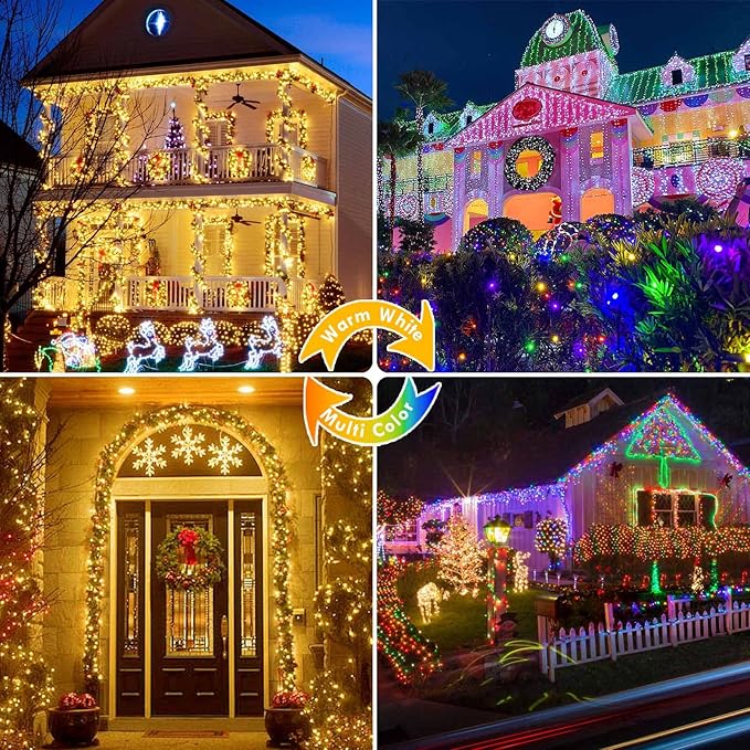 Warm White to Multicolor Color Changing 200 LED 66FT Connectable Christmas String Lights for Outdoor Indoor, 11 Modes Christmas Tree Clear Wire Fairy Waterproof Lights with Memory & Remote & Timer